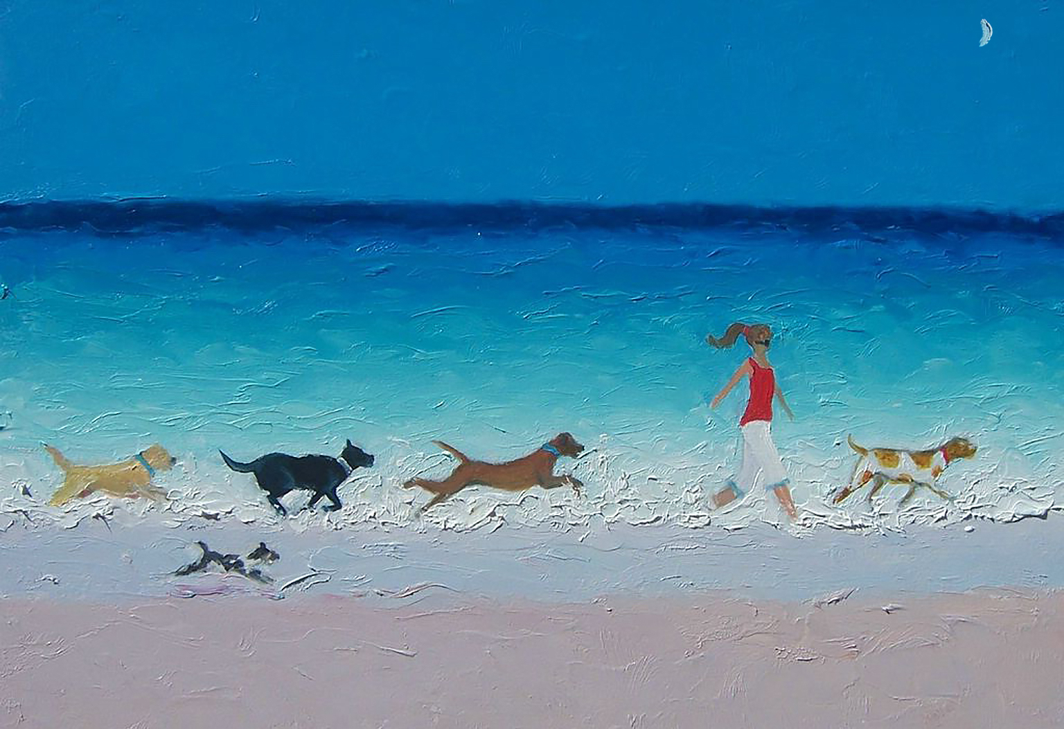 niña y perros corriendo en la playa Pintura al óleo